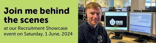 Image with one half containing the words "Join me behind the scenes at our Recruitment Showcase on Saturday, 1 June, 2024" and the other being an image of a Police Scotland call handler smiling next to two computer screens.