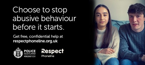 Black image with text "Choose to stop abusive behaviour before it starts. Get free confidential help at respectphoneline.org.uk" on the left and and image of a male and female sitting on sofa on right.