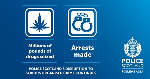 Blue background showing a picture of a cannabis leaf and a pair of handcuffs