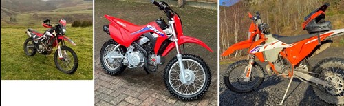 Photos of three motorbikes. All are red and black in colour with black tyres. One is on grass with the other two on the ground.