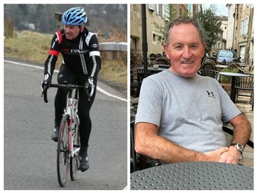 Two photos of a man who died following a fatal road crash. In one image he is wearing black cycling clothes, a blue cycle helmet and riding a bike along a road. The second image shows him sitting down at a table, wearing a grey t-shirt. He is smiling and staring straight ahead.