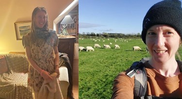 Two photos of the same woman. In one photo she is standing in a room wearing a floral dress and holding a blanket. She has blonde hair and is smiling. The second image shows her in a field with sheep behind her. She is wearing a black beanie hat and a rust coloured top.