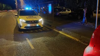 Police car with lights activated parked at the side of a road at night