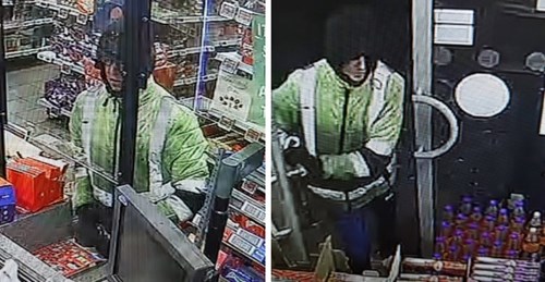 Two photos showing a man wearing a high visibility jacket. His black hood is up and he is wearing black gloves. He is entering a shop and is also pictured at the counter near the till