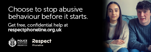 Image with text: "Choose to stop abusive behaviour before it starts. Get free, confidential help at respectphoneline.org.uk" and couple sitting to the right.