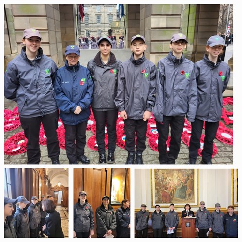 Police Scotland Youth Volunteers outside Edinburgh City Chambers with poppy wreaths